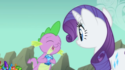 Size: 1024x576 | Tagged: safe, screencap, rarity, spike, dragon, pony, unicorn, a dog and pony show, cute, eyes closed, fangs, female, gem, holding, male, mare, open mouth, spikabetes