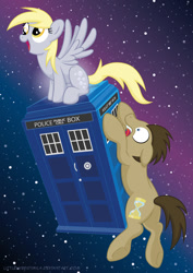 Size: 1024x1448 | Tagged: safe, artist:littlehybridshila, derpy hooves, doctor whooves, earth pony, pegasus, pony, doctor who, happy, holding on, scared, sitting, tardis