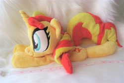 Size: 5472x3648 | Tagged: safe, artist:kazzysart, sunset shimmer, pony, unicorn, beanie (plushie), female, horn, irl, mare, photo, plushie, prone, solo