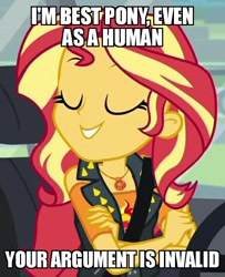 Size: 586x720 | Tagged: safe, edit, edited screencap, screencap, sunset shimmer, better together, driving miss shimmer, equestria girls, argument, car, clothes, cropped, crossed arms, cute, cutie mark, eyelashes, eyes closed, geode of empathy, hand, image macro, meme, seatbelt, shimmerbetes, smug, solo, spikes, vest, your argument is invalid