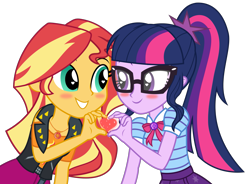 Size: 2111x1557 | Tagged: safe, artist:kingdark0001, sci-twi, sunset shimmer, twilight sparkle, better together, equestria girls, blushing, clothes, female, geode of empathy, geode of telekinesis, glasses, heart hands, lesbian, scitwishimmer, shipping, simple background, sunset shimmer day, sunsetsparkle, transparent background