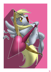 Size: 2893x4092 | Tagged: safe, artist:richard-skip, derpy hooves, pegasus, pony, abstract background, armpits, arrow, bow, cupid, cutie mark, feather, female, flying, holiday, mare, open mouth, solo, valentine's day