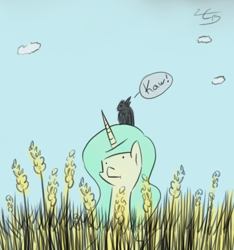 Size: 500x535 | Tagged: safe, artist:liracrown, princess celestia, alicorn, bird, crow, pony, :t, caw, female, field, food, inconspiculestia, mare, sky, solo, tumblr, tumblr comic, wheat