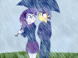 Size: 800x600 | Tagged: safe, artist:ultrard, comet tail, rarity, equestria girls, blushing, colored pupils, cometity, eye contact, female, looking at each other, male, rain, shipping, straight, umbrella