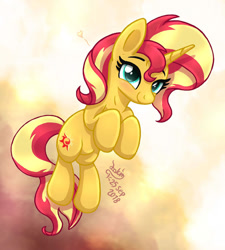 Size: 898x1000 | Tagged: safe, artist:joakaha, sunset shimmer, pony, unicorn, cute, cutie mark, female, gradient background, heart, mare, shimmerbetes, signature, smiling, solo, sunset shimmer day