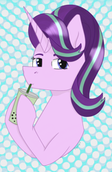 Size: 1006x1544 | Tagged: safe, artist:dyonys, derpibooru exclusive, starlight glimmer, pony, unicorn, abstract background, bubble tea, bust, drink, female, hooves, mare, solo, straw