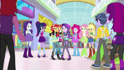 Size: 1920x1080 | Tagged: safe, screencap, applejack, fluttershy, microchips, mystery mint, nolan north, pinkie pie, rainbow dash, rarity, sci-twi, starlight glimmer, sunset shimmer, twilight sparkle, equestria girls, mirror magic, spoiler:eqg specials, background human, boots, canterlot mall, clothes, female, geode of fauna, geode of shielding, geode of sugar bombs, geode of super strength, geode of telekinesis, glasses, high heels, humane eight, magical geodes, male, mirror, shoes