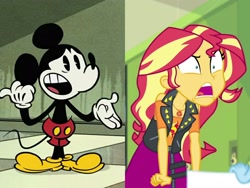 Size: 2560x1920 | Tagged: safe, screencap, sunset shimmer, better together, equestria girls, forgotten friendship, angry, comparison, cropped, crossover, disney, mickey mouse, new mickey mouse shorts