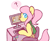 Size: 639x526 | Tagged: safe, artist:milkwolf, fluttershy, dog, pegasus, pony, alternate hairstyle, ask-friendlyshy, chair, clothes, computer, corgi, corgi orgy, looking back, ponytail, question mark, scarf, simple background, sitting, solo, speech bubble