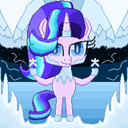 Size: 3824x3824 | Tagged: safe, artist:superhypersonic2000, starlight glimmer, pony, unicorn, bipedal, cave, female, hoof hold, ice, mare, pixel art, snow, snowflake, solo