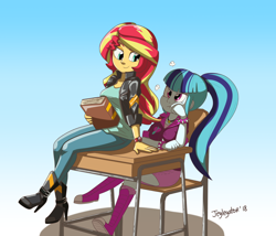 Size: 1280x1096 | Tagged: safe, artist:jeglegator, sonata dusk, sunset shimmer, equestria girls, friendship games, rainbow rocks, angry, book, boots, bracelet, clock, clothes, desk, female, jacket, jewelry, lesbian, necklace, shipping, shoes, sunata, sunset shimmer day, unamused