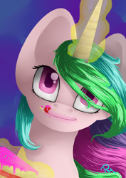 Size: 2480x3496 | Tagged: safe, artist:moon-wing, princess celestia, alicorn, pony, cake, cakelestia, frosting, licking, licking lips, looking at you, magic, solo, telekinesis, tongue out