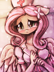 Size: 1440x1920 | Tagged: safe, artist:lumineko, fluttershy, anthro, blushing, cleavage, crying, female, floppy ears, lip bite, nurse, pixiv, sad, solo, syringe