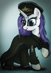 Size: 3000x4266 | Tagged: safe, artist:plotcore, rarity, pony, unicorn, alternate hairstyle, clothes, female, gradient background, mare, raised hoof, solo, uniform