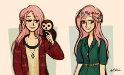 Size: 1008x611 | Tagged: safe, artist:nilii, fluttershy, human, owl, clothes, humanized, sweater, sweatershy