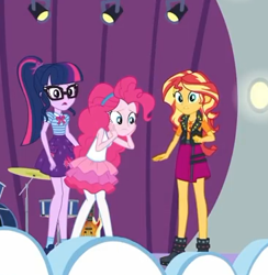 Size: 366x375 | Tagged: safe, screencap, pinkie pie, sci-twi, sunset shimmer, twilight sparkle, better together, equestria girls, rollercoaster of friendship, boots, clothes, cropped, female, geode of empathy, geode of sugar bombs, geode of telekinesis, glasses, jacket, leather, leather jacket, pantyhose, ponytail, shocked, shoes, skirt