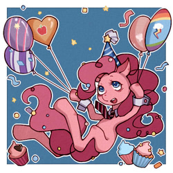 Size: 500x500 | Tagged: safe, artist:himariday, pinkie pie, earth pony, pony, balloon, blank flank, hat, necktie, party hat, pixiv, solo