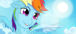 Size: 4560x2048 | Tagged: safe, artist:ponyhiall, derpibooru import, rainbow dash, pegasus, pony, cloud, female, flying, sky, sun