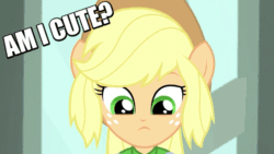 Size: 576x324 | Tagged: safe, screencap, applejack, a case for the bass, equestria girls, rainbow rocks, animated, bronybait, cute, dilated pupils, happy, image macro, jackabetes, looking at you, meme, open mouth, ponied up, smiling, solo