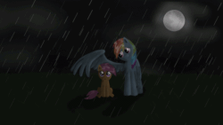 Size: 640x360 | Tagged: safe, artist:just_dawn, derpibooru import, rainbow dash, scootaloo, pegasus, pony, animated, best pony, duo, heartwarming, moon, night, rain, scootalove, wet mane, wing umbrella