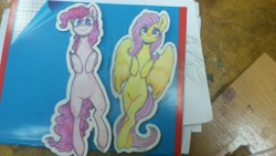 Size: 2560x1440 | Tagged: safe, artist:sunshineapple, fluttershy, pinkie pie, earth pony, pegasus, pony, belly, bookmark, traditional art