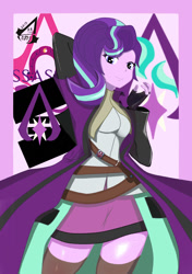 Size: 739x1052 | Tagged: safe, alternate version, artist:holo, starlight glimmer, equestria girls, assassin's creed, clothes, crossover, cute, cutie mark, equestria girls-ified, female, fingerless gloves, glimmerbetes, gloves, looking at you, miniskirt, pixiv, pony coloring, skirt, socks, solo, thigh highs, zettai ryouiki