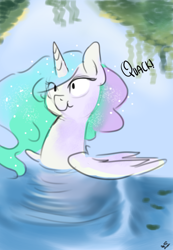 Size: 2700x3900 | Tagged: safe, artist:mrscurlystyles, princess celestia, alicorn, pony, :t, aliduck, behaving like a bird, behaving like a duck, ducklestia, female, funny, leaves, mare, pond, quack, scrunchy face, smiling, solo, swanlestia