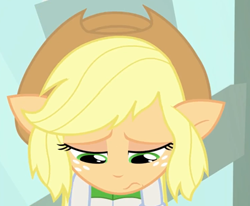 Size: 792x654 | Tagged: safe, screencap, applejack, a case for the bass, equestria girls, rainbow rocks, cropped, cute, ears, floppy ears, jackabetes, sad, sadorable, solo