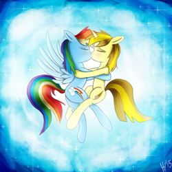 Size: 1500x1500 | Tagged: safe, artist:jphyperx, derpibooru import, rainbow dash, oc, pegasus, pony, canon x oc, female, kissing, lesbian, shipping