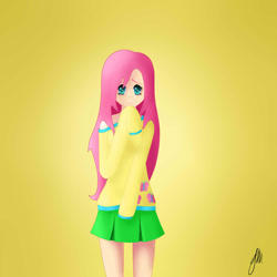 Size: 1024x1024 | Tagged: safe, artist:ivoryrosebush, fluttershy, human, clothes, humanized, off shoulder, solo, sweatershy