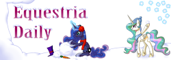 Size: 1000x350 | Tagged: safe, artist:deusexequus, princess celestia, princess luna, alicorn, pony, banner, carrot, clothes, earmuffs, equestria daily, hat, magic, scarf, snow, snowball, telekinesis