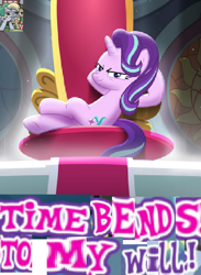 Size: 626x853 | Tagged: safe, artist:horsesplease, edit, idw, derpy hooves, doctor whooves, starlight glimmer, pony, unicorn, angry, caption, chronokinesis, evil grin, expand dong, exploitable meme, image macro, meme, s9 throne series, smiling, text, this will end in communism, this will end in timeline distortion, time travel, wow! glimmer