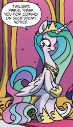 Size: 173x302 | Tagged: safe, artist:jay fosgitt, idw, princess celestia, alicorn, pony, spoiler:comic, spoiler:comicff22, hoof shoes, incorrect leg anatomy, sitlestia, sitting, smiling, solo, spread wings, throne