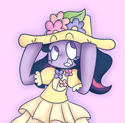 Size: 1199x1187 | Tagged: safe, artist:typhwosion, twilight sparkle, anthro, unguligrade anthro, clothes, dress, flower, hat, smiling, solo