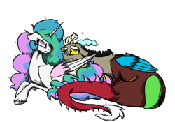 Size: 1000x700 | Tagged: safe, artist:silvy-fret, discord, princess celestia, alicorn, pony, :t, angry, couple, cuddling, dislestia, eye contact, female, floppy ears, frown, glare, male, messy mane, missing accessory, mood swing, preglestia, pregnant, prone, sad, shipping, snuggling, straight, unshorn fetlocks