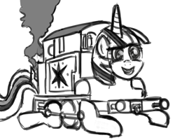 Size: 1800x1440 | Tagged: safe, derpibooru import, twilight sparkle, crack shipping, crossover, monochrome, offspring, solo, this isn't even my final form, thomas the tank engine, wat, why