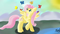 Size: 1280x720 | Tagged: safe, artist:jbond, fluttershy, butterfly, pegasus, pony, female, mare, pink mane, yellow coat