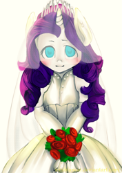 Size: 2893x4092 | Tagged: safe, artist:monochromacat, part of a series, part of a set, rarity, anthro, blushing, bouquet, clothes, dress, looking at you, monochromacat's wedding series, solo, wedding dress