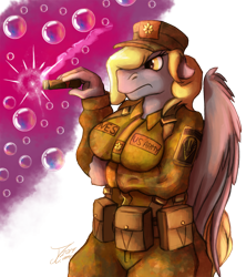 Size: 1334x1500 | Tagged: safe, artist:jamescorck, derpibooru import, derpy hooves, anthro, annoyed, breasts, bubble, cigar, derpy loaves, female, military uniform, officer, smoking, solo