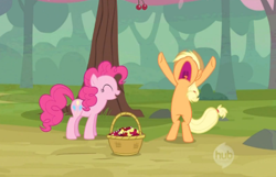 Size: 500x321 | Tagged: safe, screencap, applejack, pinkie pie, earth pony, pony, the last roundup, basket, bipedal, cherry, cherry orchard, duo, female, hub logo, mare, yellow cherry