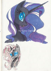 Size: 2504x3484 | Tagged: safe, artist:rocy canvas, nightmare rarity, rarity, changeling, bust, colored pupils, species swap, watermark