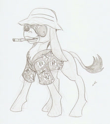 Size: 948x1064 | Tagged: safe, artist:ravenpuff, derpibooru import, donkey, cigar, clothes, donkey oc, fear and loathing in las vegas, grayscale, hat, lineart, monochrome, raoul duke, solo, sunglasses, traditional art