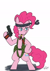 Size: 1451x2048 | Tagged: safe, artist:omegapony16, derpibooru import, pinkie pie, earth pony, pony, bipedal, cigar, clothes, costume, crossover, female, gun, hoof hold, japanese, mare, metal gear, mouth hold, signature, simple background, solo, weapon, white background