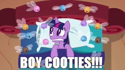 Size: 640x360 | Tagged: safe, derpibooru import, edit, edited screencap, screencap, twilight sparkle, parasprite, swarm of the century, bed, cooties, image macro, sleeping, solo