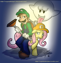 Size: 1233x1275 | Tagged: safe, artist:nayaasebeleguii, fluttershy, ghost, human, pony, undead, boo (super mario), crossover, female, gradient background, luigi, luigi's mansion, luigishy, male, mare, scared, super mario bros., trio, vacuum cleaner