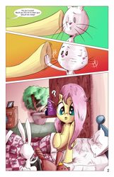 Size: 1393x2167 | Tagged: safe, artist:saturdaymorningproj, angel bunny, fluttershy, pegasus, pony, angelic flutterboom, bed, comic, teddy bear