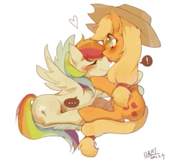 Size: 547x526 | Tagged: safe, artist:uar1, derpibooru import, applejack, rainbow dash, earth pony, pegasus, pony, appledash, boop, female, lesbian, noseboop, pixiv, shipping