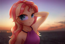 Size: 4400x3000 | Tagged: safe, artist:jeremywithlove, sunset shimmer, equestria girls, armpits, beach, beautiful, bust, clothes, cute, female, heart eyes, looking at you, portrait, shimmerbetes, sleeveless, smiling, solo, sunset, sunshine shimmer, wingding eyes