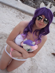 Size: 3456x4608 | Tagged: safe, artist:krazykari, rarity, sweetie belle, human, bikini, clothes, cosplay, costume, irl, irl human, photo, plushie, sunglasses, swimsuit