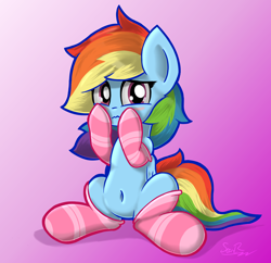 Size: 3000x2900 | Tagged: safe, artist:sheandog, derpibooru import, rainbow dash, pegasus, pony, belly button, clothes, cute, dashabetes, socks, solo, striped socks